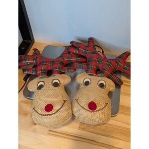 Burlap Reindeer Ornaments Christmas Holiday Plaid Antlers‎ Made in USA Set of 2